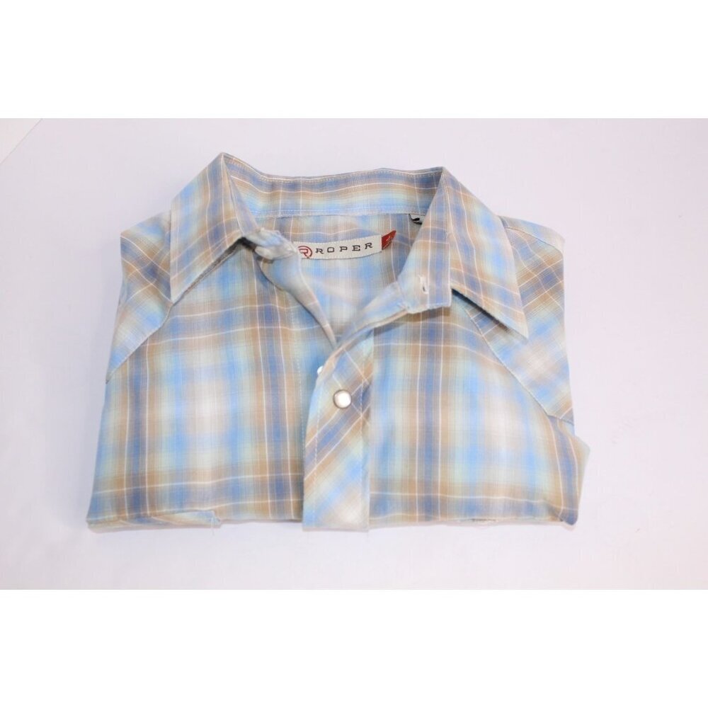 Roper Men's Cowboy Shirt L Blue Tan Plaid Western Pearl Snap Casual Fit Relaxed - Picture 15 of 15